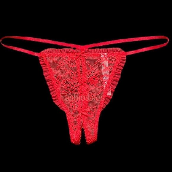 Victorias Secret Dream Angels Crotchless Silhouette Lace V String Panty Red - Picture 1 of 8
